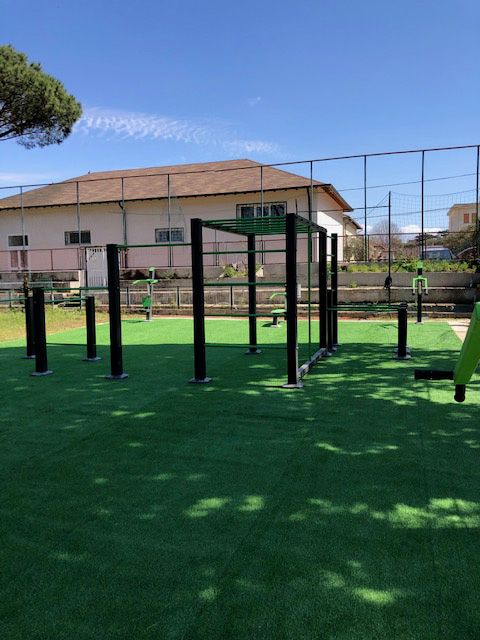 Livellamento del terreno circostante gli attrezzi fitness esistenti, fornitura e posa in opera di telo antiradice in TNT e di un manto erboso sintetico.